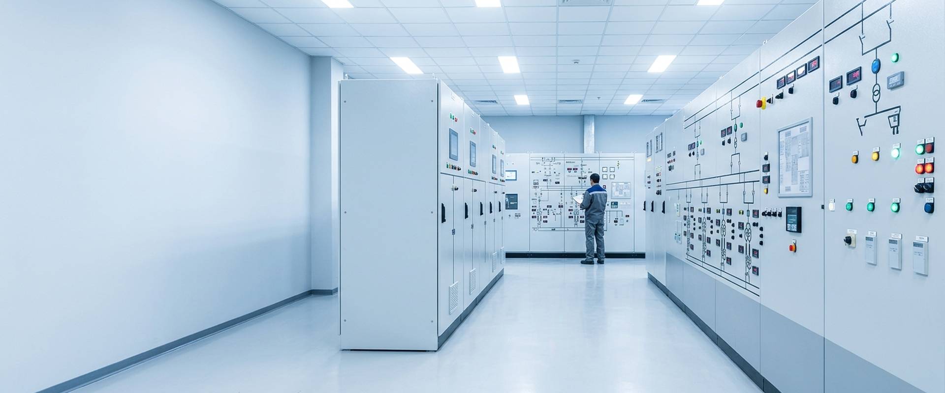 Control room with switchgear and mimic panels