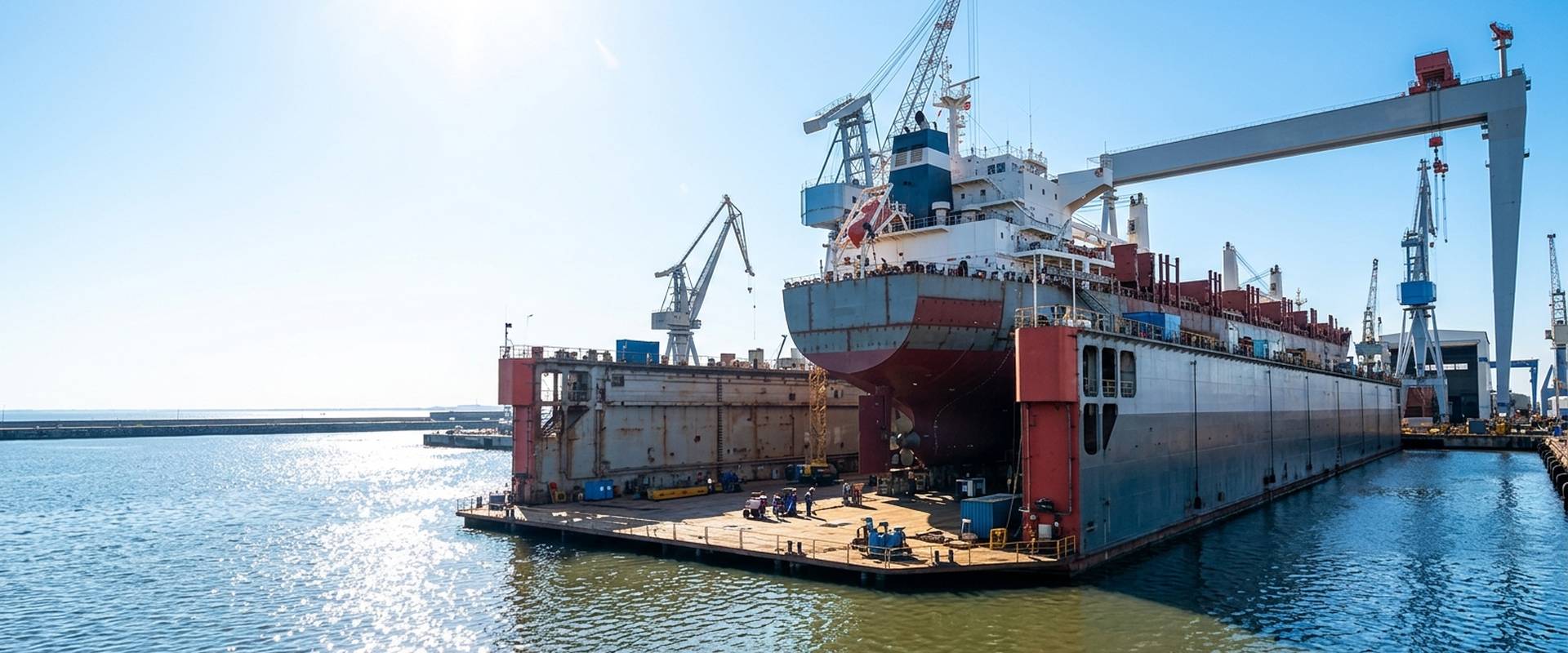 Ship in dry dock at a shipyard