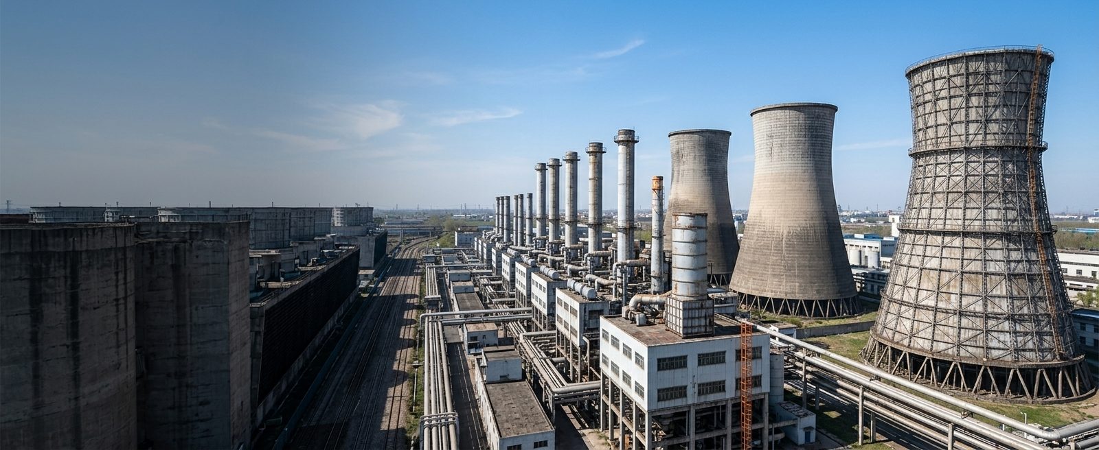 Power plant with cooling towers, exhaust stacks and pipe racks