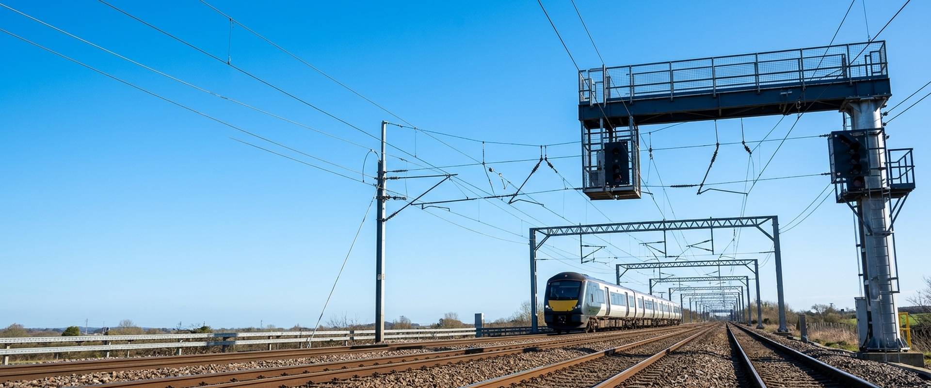 Railway tracks with overhead signalling gantry