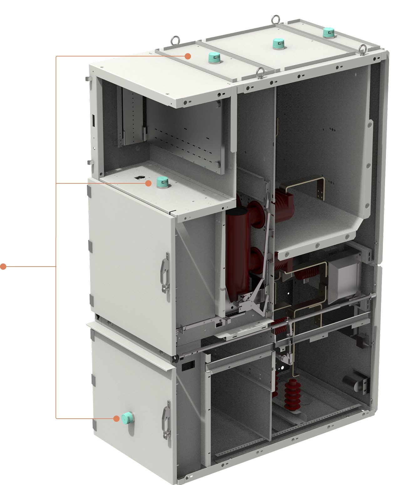 Medium-voltage switchgear cutaway with Yado Apollo sensors on the pressure-relief covers