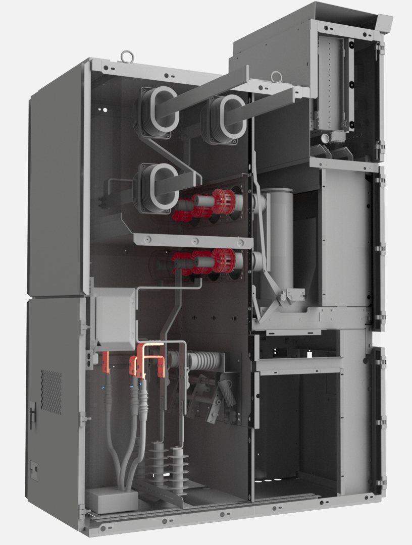 Cutaway of medium-voltage switchgear showing the breaker compartment